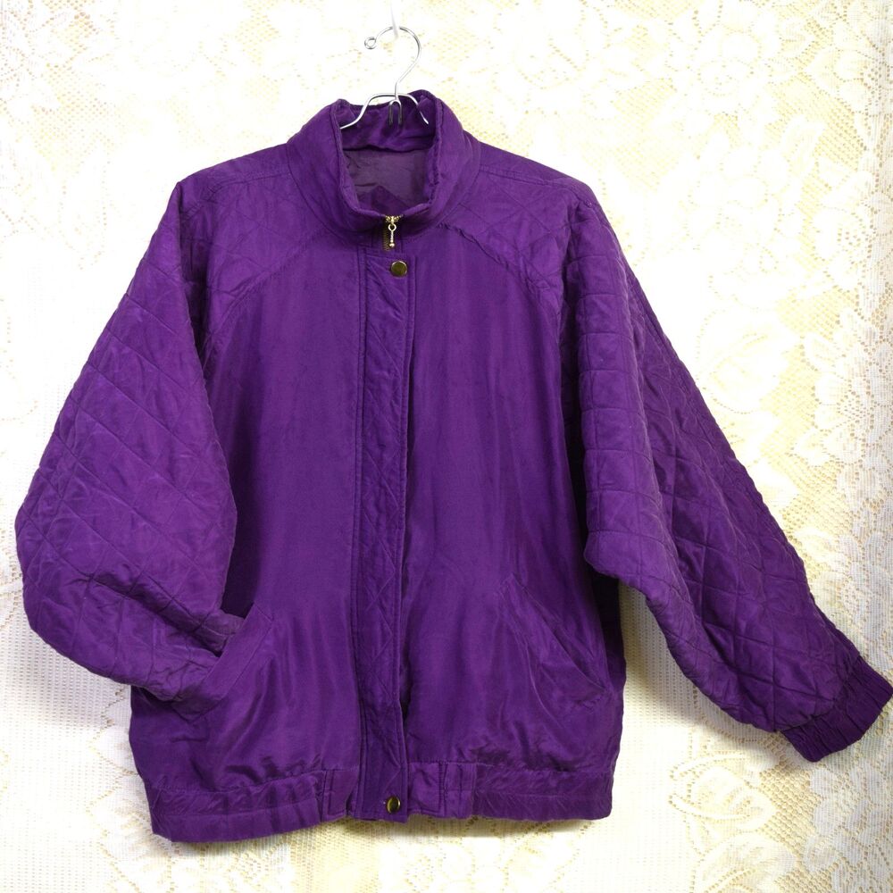 VTG Lavon By Cheerful Corp Womens Sm Purple Silk Quilted Full Zip Bomber Jacket